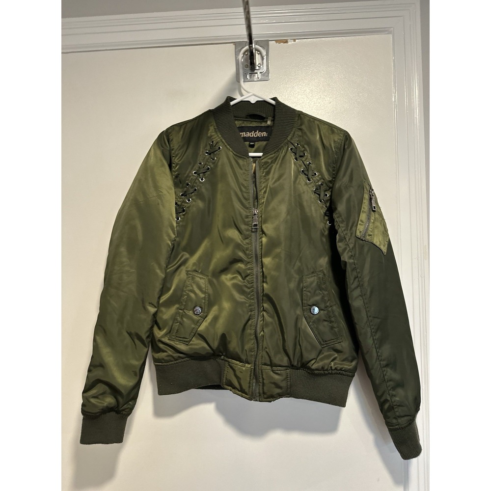 Madden Military Chic Lace-Up Satin Bomber Jacket Sz:S Olive Green Flight Jacket